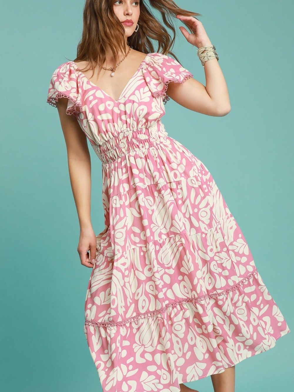 Umgee Pink and Cream Floral Midi Dress Size Medium NWTS